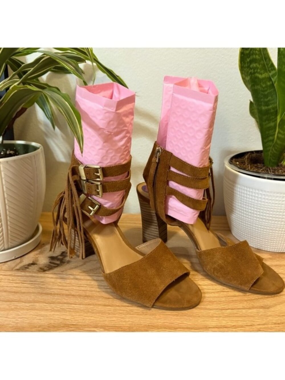 Brown suede fringe western boho heeled sandals, size 8.5
